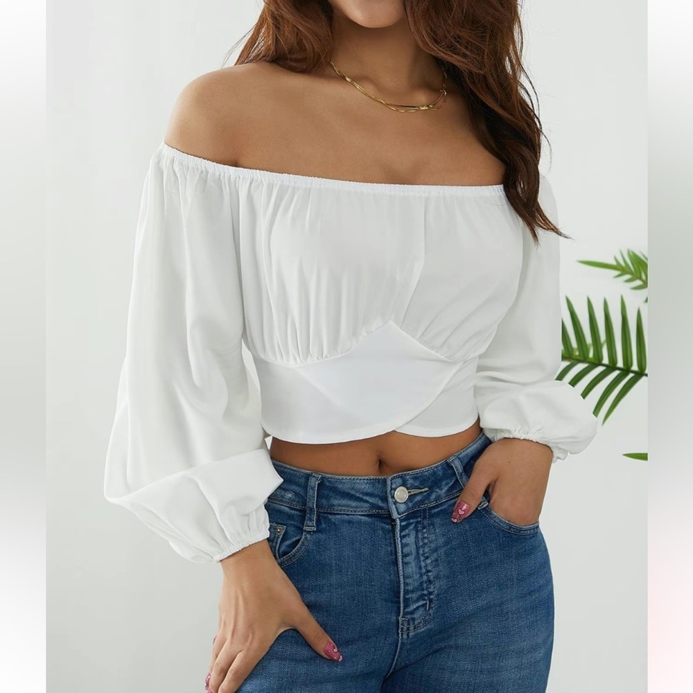 Women’s Plain Cut Out Tie Back Off Shoulder Top In White XL - Picture 2 of 13